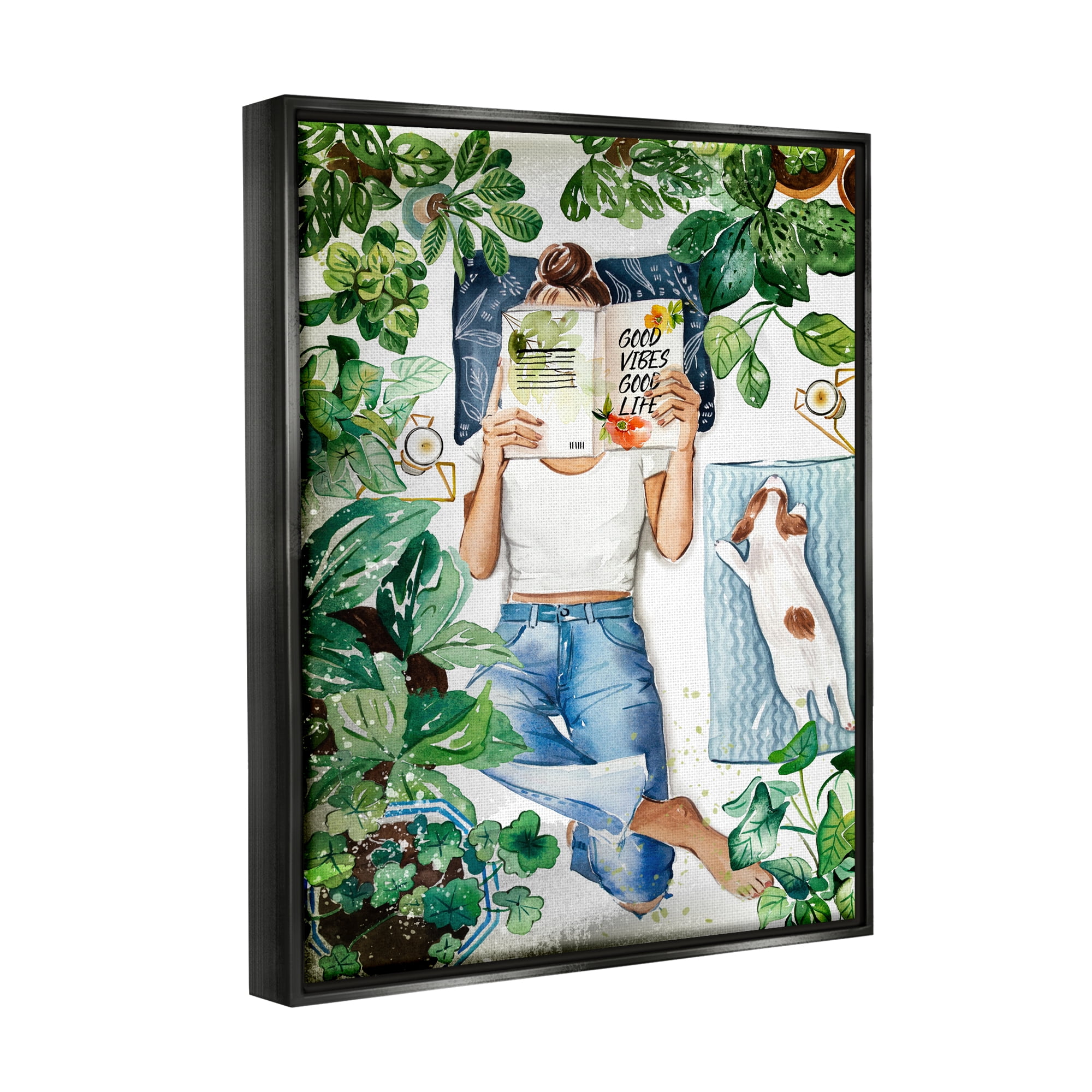 Stupell Industries Girl Reading Book with Dog Literature & Film Painting Black Floater Framed Art Print Wall Art, 17 x 21