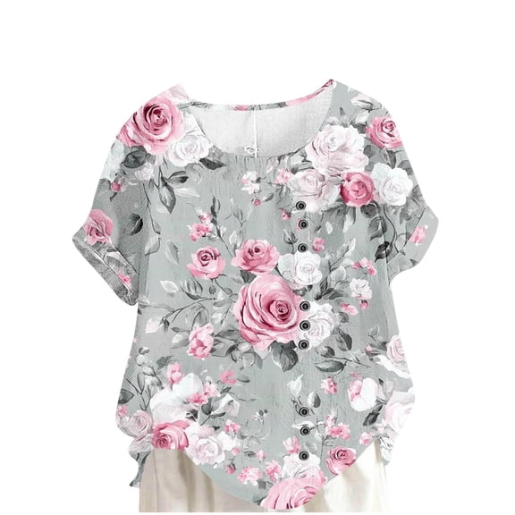 DeHolifer Linen Shirts for Women Short Sleeve Oversized Crewneck Tops T-Shirt Summer Beach Vacation Floral Graphic Tees Pink L