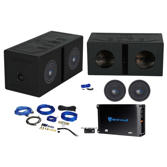 2) Rockville K5 W8K5S4 8" 800w Subwoofers Vented Sub Box Mono Amplifier Wires