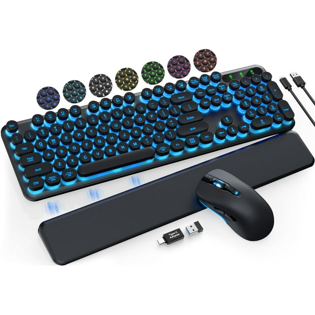 Clavier et Souris Sans Fil Rétroéclairés - Clavier de Machine à Écrire avec Repose-Poignet Magnétique, Touches Rondes Rétro, Lettres Lumineuses, Combo Sans Fil 2,4 GHz pour