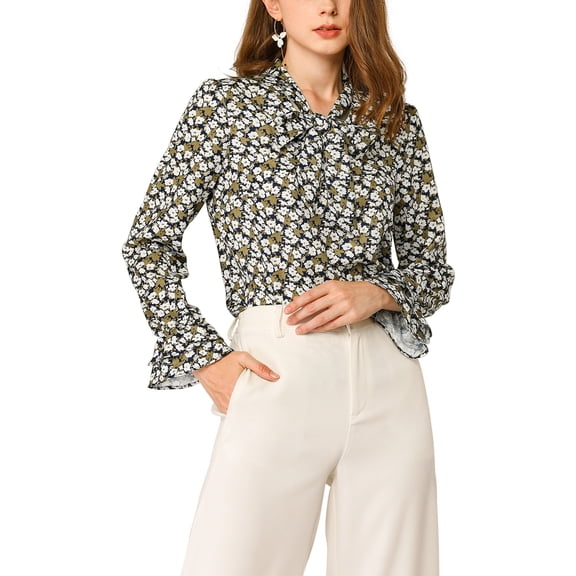 MODA NOVA Junior's Tie V Neck Blouse Long Trumpet Sleeve Floral Shirt White Black S