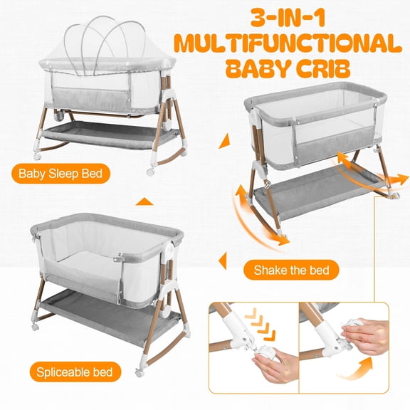 Tereitr 3 in 1 Baby Bassinet, Portable Bedside Crib for Newborn Infant, with Soft Mattress, Wheels, 6 Height Adjustable, Easy Folding