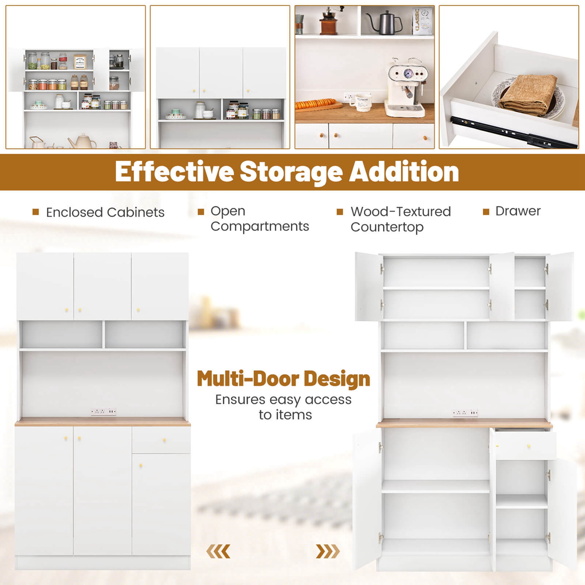 Costway 71" Tall Pantry Cabinet with Outlets USB Ports Anti-Tipping Kits Adjustable Shelves White