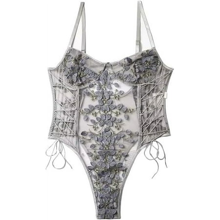 MAOYA Women Sexy Lace Up Floral Embroidered Teddy Lingerie Bodysuit Top Mesh Sheer One Piece