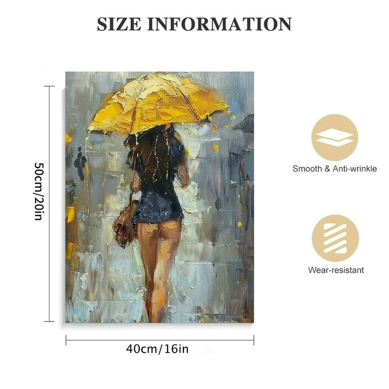 Abstract Canvas popular Painting A Rainy Walk Girl with Yellow Umbrella Wall Art Modern