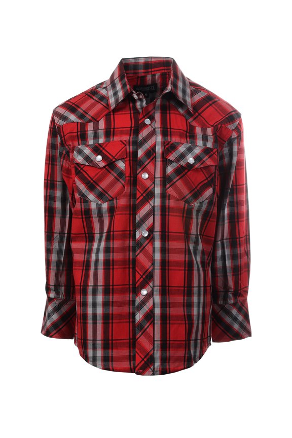 Boys Casual Western Plaid Long Sleeve Pearl Snaps Shirt
