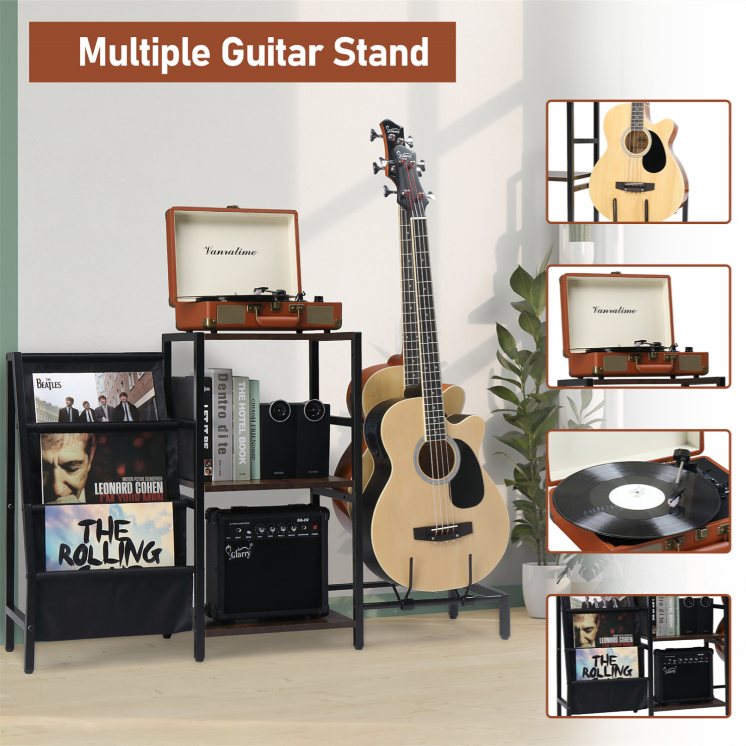 Record Stand Ikkle Guitar Stand Multiple Guitars With Cabinet Holder, Guitar Floor Holder With 3-Tier Storage Shelf For Acoustic, Bass, Electric, And Guitar Case. (Two Installation Methods Vinyl Record Storage