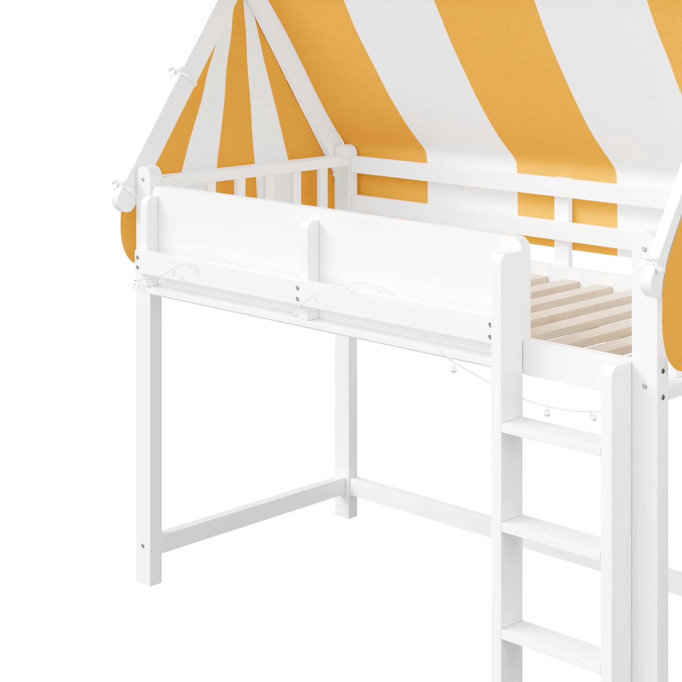 Noble House Sidney Twin Size Loft Bed with Canopy and LED Lights, Wood Loft Bed with Bookshelf, Playful Design, White