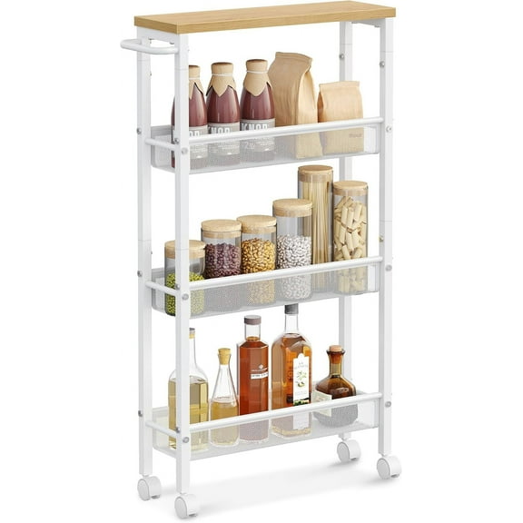 Slim Rolling Cart, 4-Tier Storage Cart, Narrow Cart with Handle, 5.1 Inches Deep, Metal Frame, for Kitchen, Dining Room, Living Room, Home Office