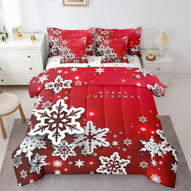 YST Merry Christmas Comforter Set, 7-Piece, Snowflake Theme, Red, Reversible, Queen