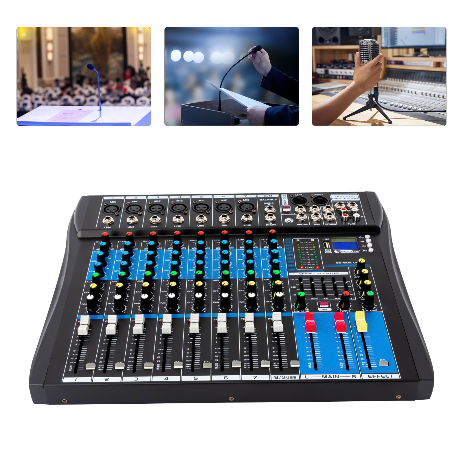 Live Mixer Micfuns Professional 8 Channel Stereo Sound Mixer Bluetooth USB Recording Computer Playback Phantom Power USB Digital Audio Mixer Amplifier