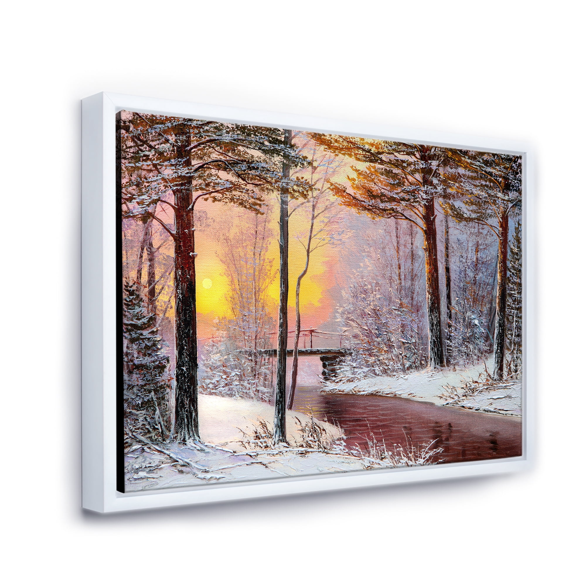 Designart 'Christmas Forest With Trees and River IV' Traditional Framed Canvas Wall Art Print