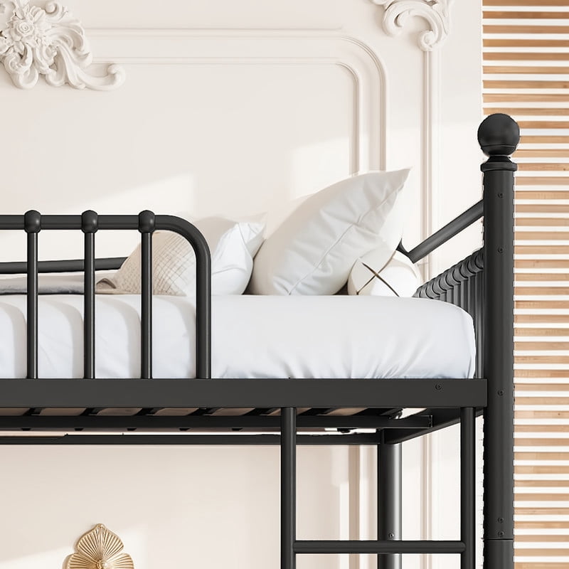 Queen over Queen Metal Bunk Bed with Curved Guardrail, Round Tube Bedpost Detachable Bed Frame for Kids, Teens & Adults