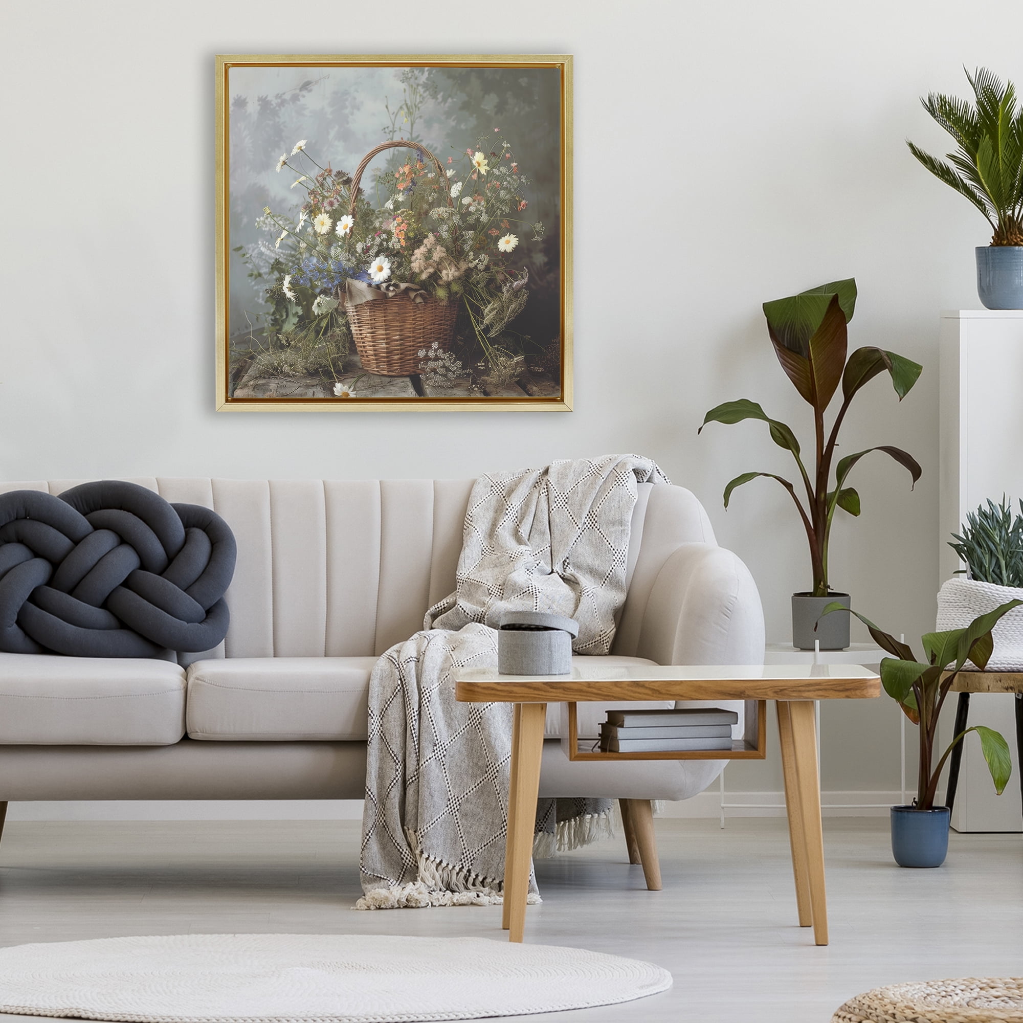 Stupell Industries Floral Basket Still Life Gold Framed Floater Canvas Wall Art, design by Lazar Studio