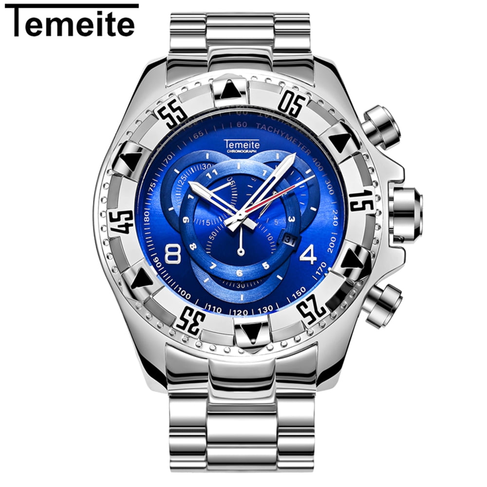 Temeite Men Fashion Sports Watches Luxury Big Dial Quartz Watch Alloy Band Calendar Luminous Wristwatches