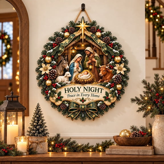 Wooden Door Sign Holy Family Nativity Wreath for Christmas Entryway Christian Household