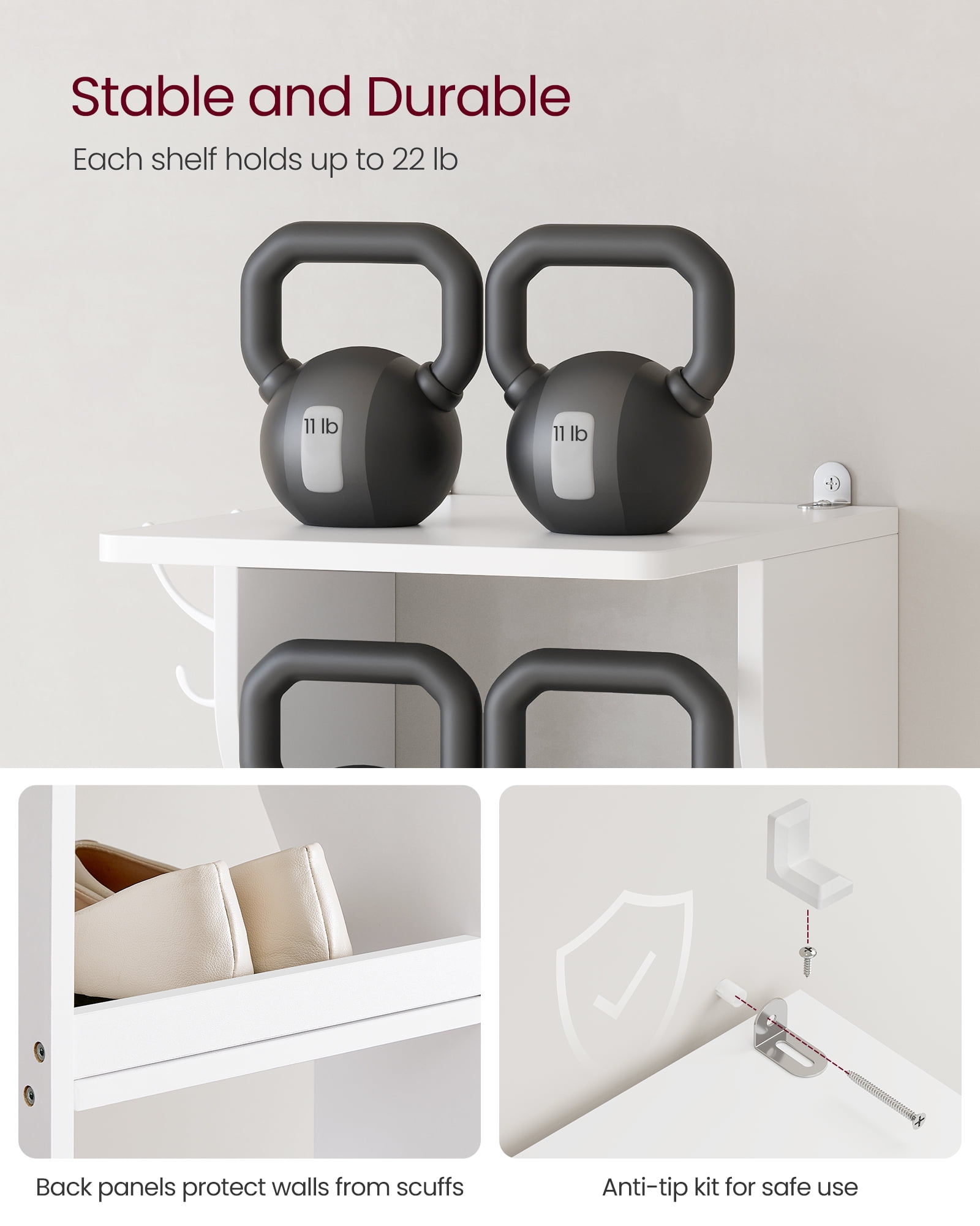 7-Tier Vertical Shoe Rack, 43.5" Tall Narrow Shoe Organizer with 2 Hooks & Anti-Tip Kit, Space-Saving Corner Shelf for Entryway Bedroom, White