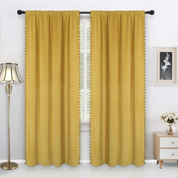 Haperlare 84 inches Long Pom Pom Velvet Curtains for Bedroom Soft Luxury Tasseled Room Darkening Curtain for Living Room, Yellow, 2 Panels