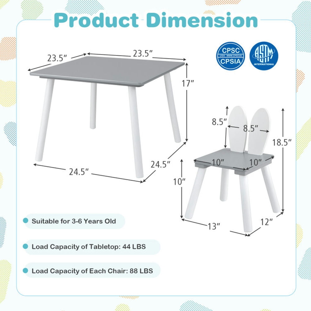 Topcobe 3 Pieces Kids Table and Chairs Set for Arts Crafts Snack Time, Toddler Chair and Table Set-Gray