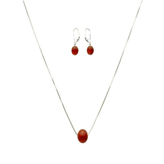 Round 10mm Carnelian Stone Station Sterling Silver Box Chain Necklace Adjustable, Earrings 16" 2"