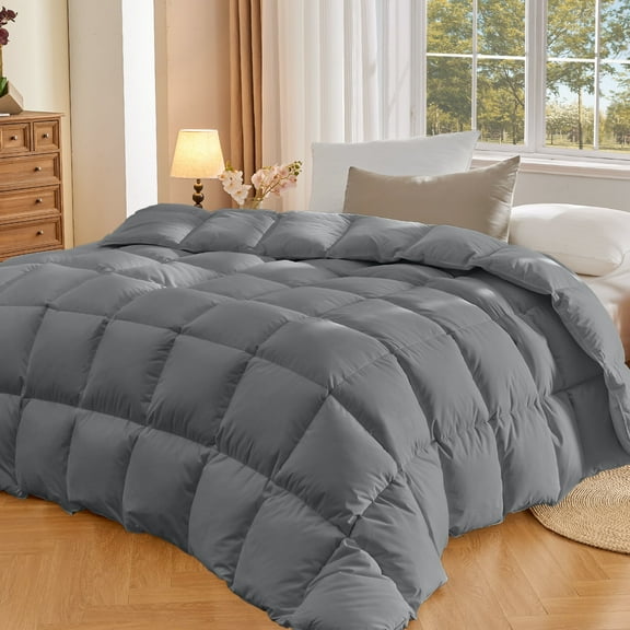 Teler Goose Feather Down Comforter Queen Size, Soft Feather Down Duvet Insert with Corner Tabs All Season Bed Comforter(90"x90",Dark Gray)