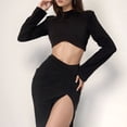 thumbnail image 4 of Vestido midi ajustado con escote alto, aberturas y fruncidos, manga larga y sexy para mujer - Poliéster y spandex, ideal para discotecas y fiestas, 4 of 8