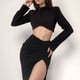 thumbnail image 4 of Vestido midi ajustado con escote alto, aberturas y fruncidos, manga larga y sexy para mujer - Poliéster y spandex, ideal para discotecas y fiestas, 4 of 8