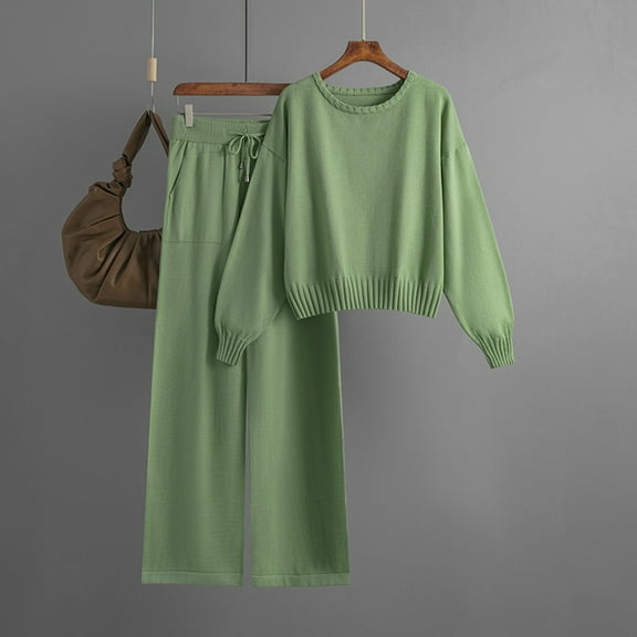 Lilgiuy Womens 2023 Fall Track Suits 2 Piece Outfits Matching Sets Long Sleeve Knit Pullover Sweater Tops Wide Leg Pants for Carnival Time