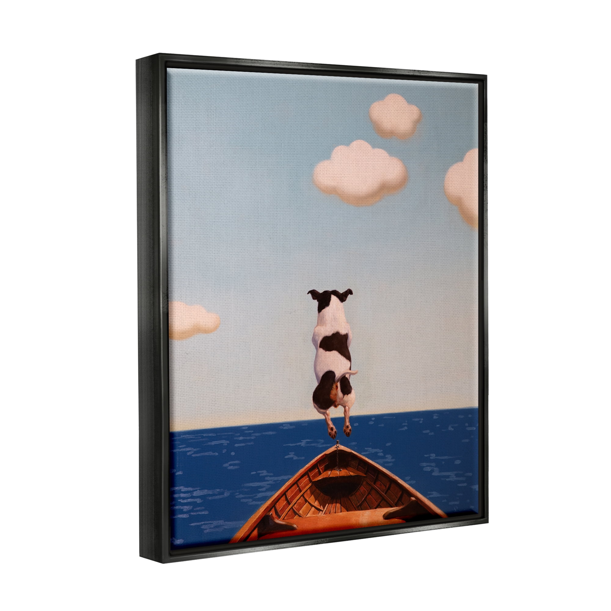 Stupell Industries Dog Jumping In Lake Animals & Insects Painting Black Floater Framed Canvas Art Print Wall Art, 25 x 31