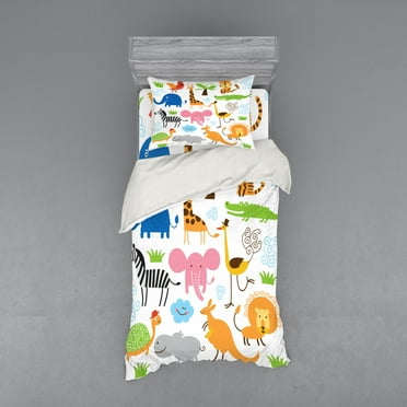 Ambesonne Animal Bedding Set 3 Pcs, Cartoon Giraffe Zebra Turtle, Twin, Multicolor