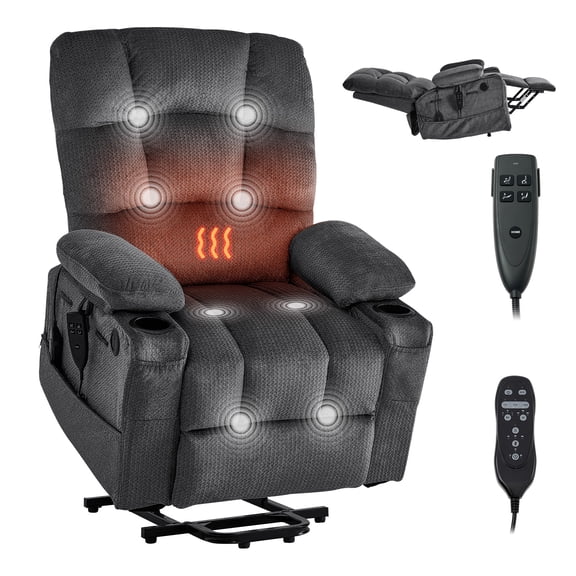 VEVOR Power Lift Recliner Chair, Dual Motor, Large Electric Lift Chair with Heat and Massage for Elderly, Infinite Position Adjustment, Velvet Fabric, with Storage Pockets, Cup Holders, Dark Gray