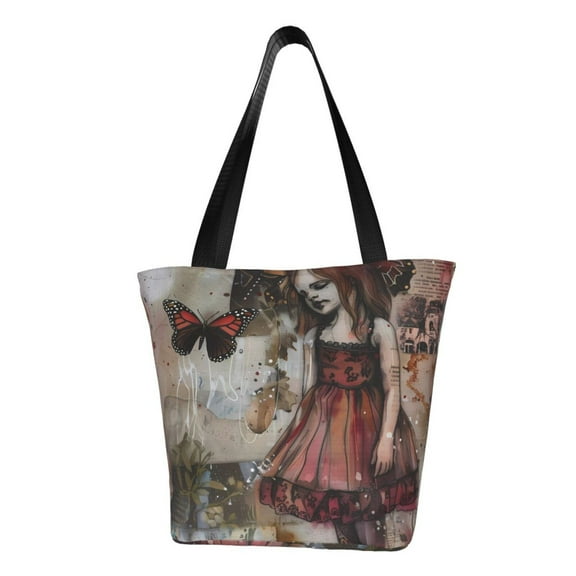 KLL Tote Bag for Women Vintage Collage Girl Butterfly Print Shopping Grocery Reusable Bags for Office School Shopping Travel