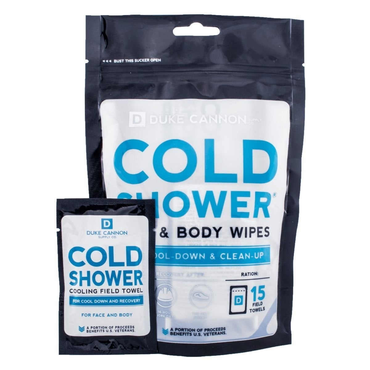 Duke Cannon Cold Shower Cooling Field Towels Pouch, 15 Individually Wrapped Face + Body Wipes