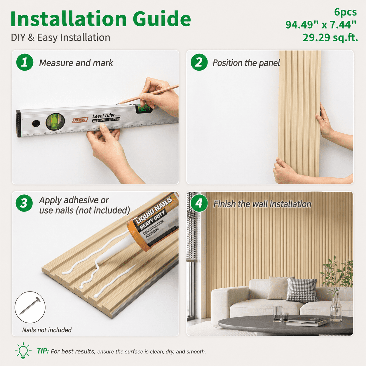 Yeslife 6 pcs Slat Wall Panels, 94.49 x 7.44 in, Oak MDF, 3D Decorative Design for Interior Walls and Ceilings