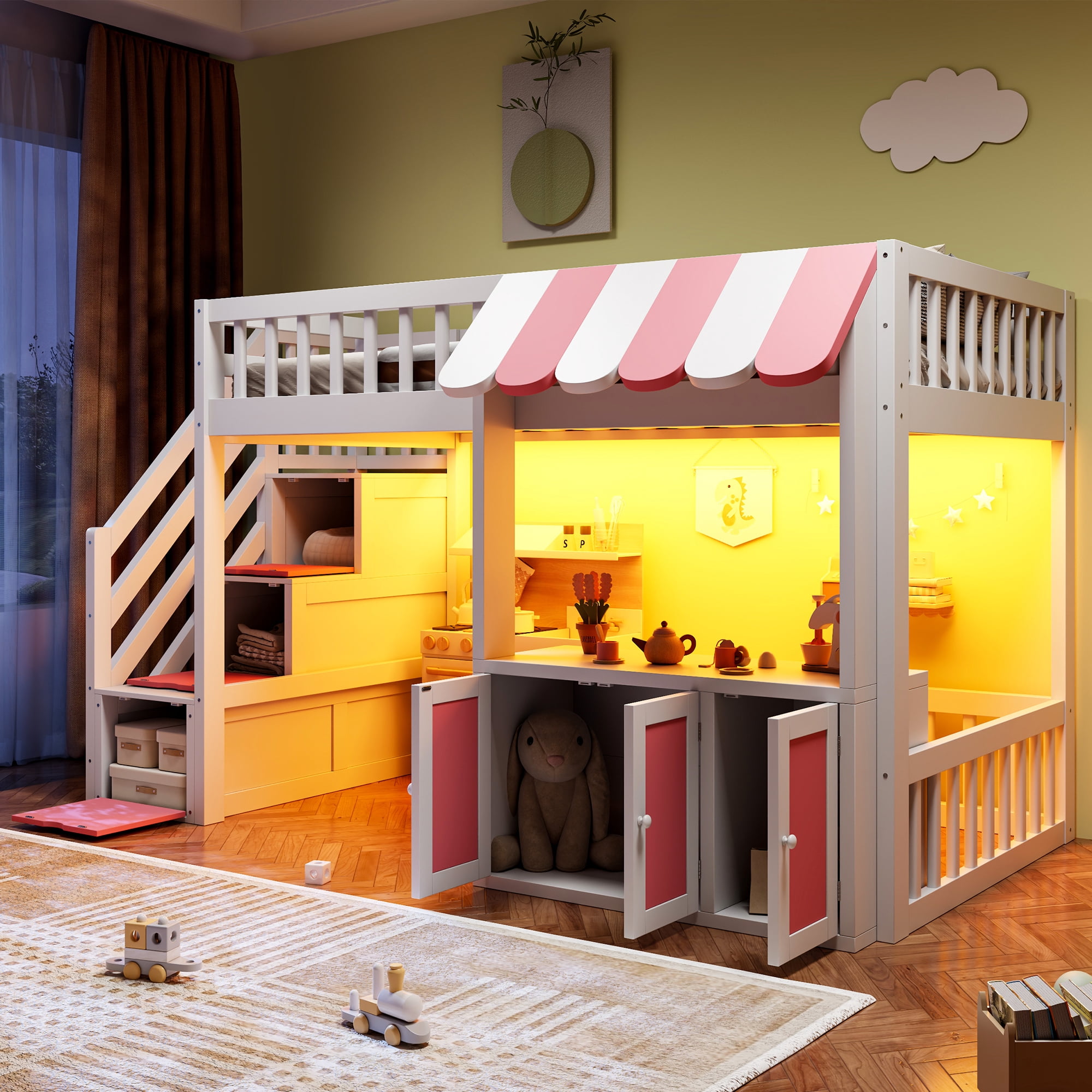 Mintazer Twin Size Loft Bed with Play Storefront & LED Lights, Kids Loft Bed with Guardrail and Storage Staircase & Cabinet for Bedroom, White & Pink
