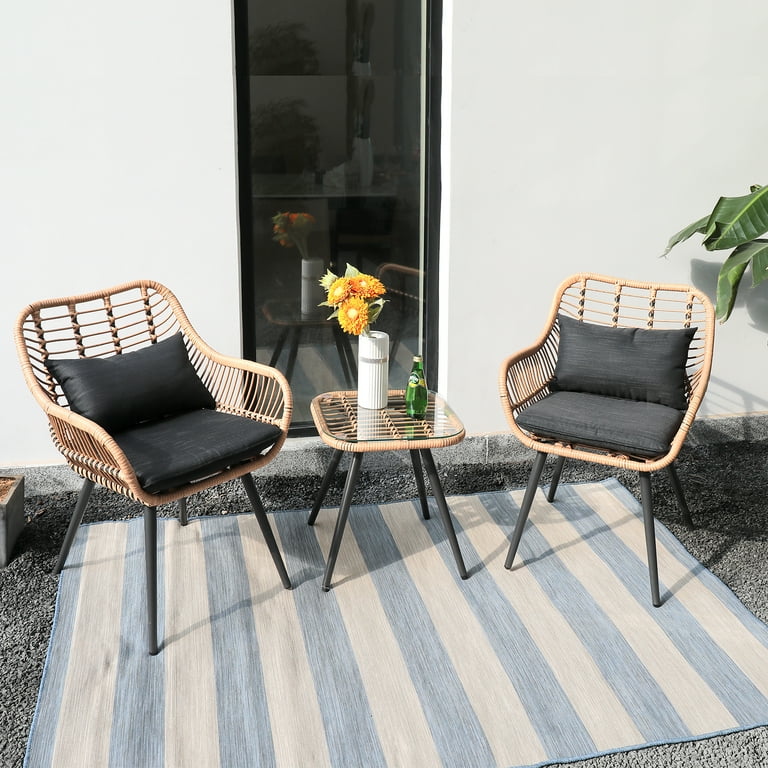 Joivi 3 Piece Patio Set Outdoor Wicker Conversation Bistro Sets For Porch Backyard With Square Glass Top Coffee Table Cushions And Lumbar Pillows Com Outdoor Wicker Conversation Bistro Sets, Best Rated Outdoor Furniture Cushions