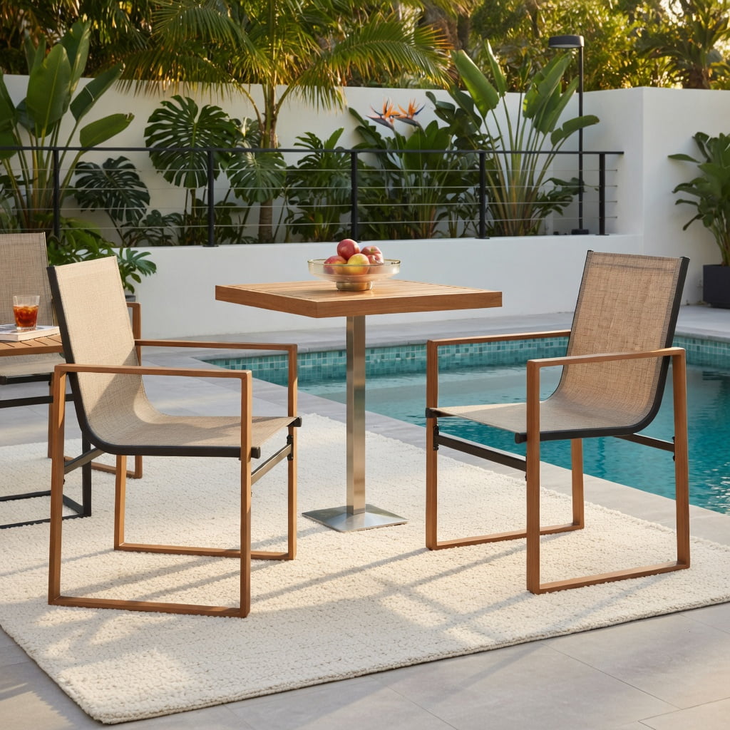 Hommoo 2-Pack Outdoor Patio Dining Chairs, Breathable Fabric Seat & Back, Rust-Resistant Wood-Grain Armrests, Heavy-Duty Metal Frame, Brown