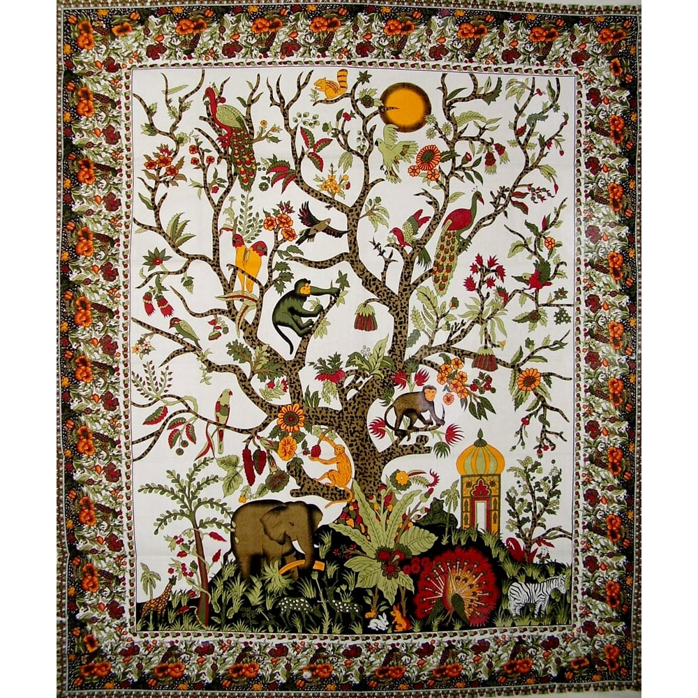 Tree of Life Tapestry Cotton Bedspread 108" x 88" Full-Queen White