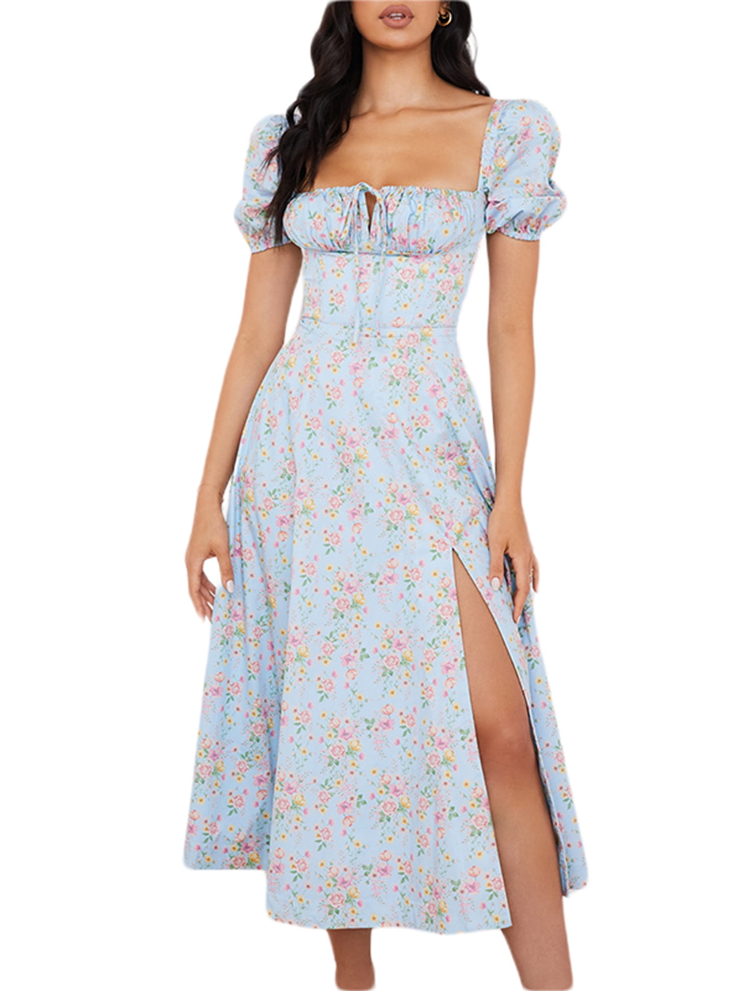 wybzd Women Casual Simplicity Floral Printed Pattern Long Dress Square Collar Short Sleeve Long Skirt Light blue XL - Walmart.com