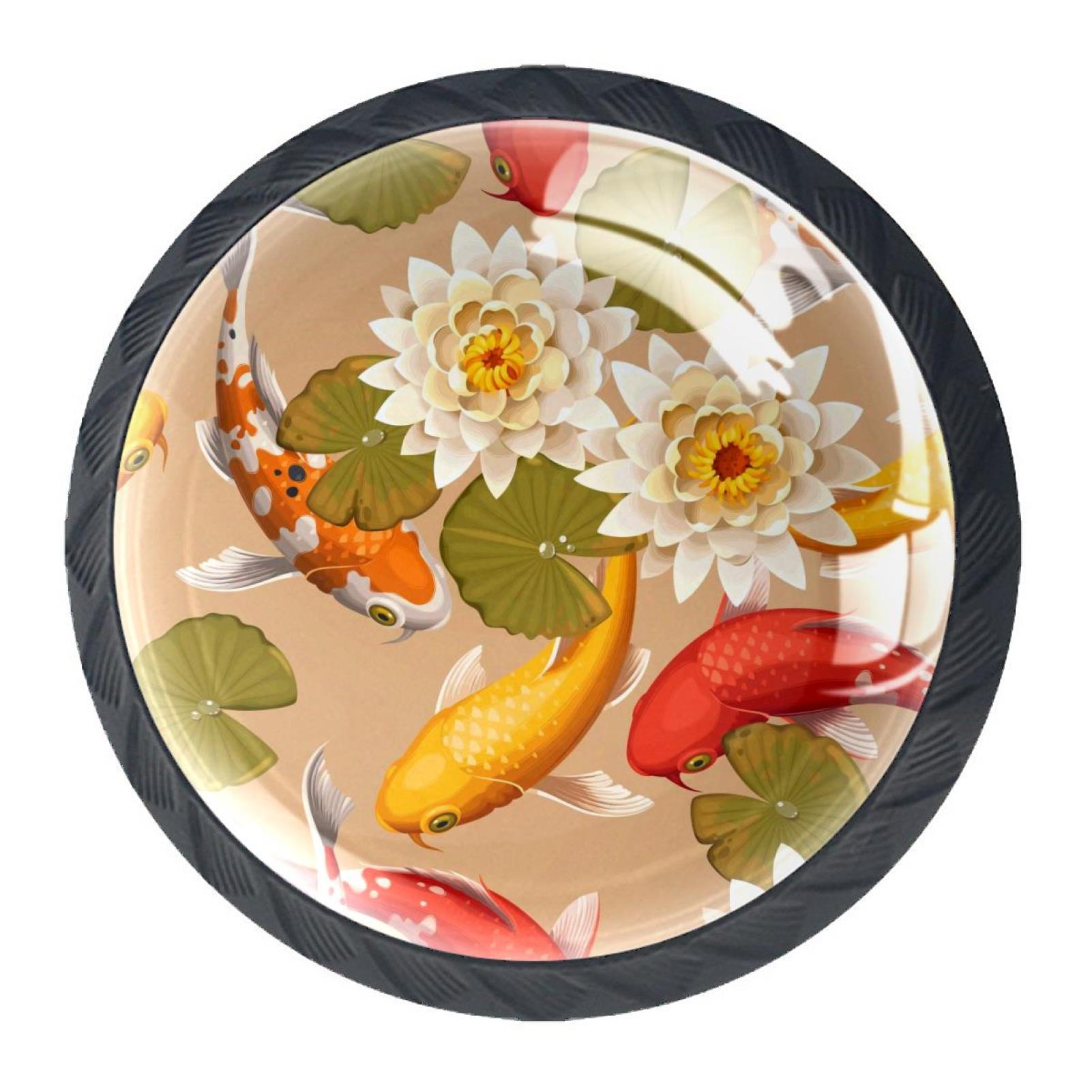 4 Pcs Chrysanthemum and Koi Knobs for Kitchen Cupboard Dresser