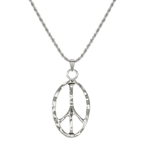 High Quality Unisex Stainless Steel Rope Chain with Modern Hammered Oval Pewter Peace Sign Pendant – 19 ½ inches