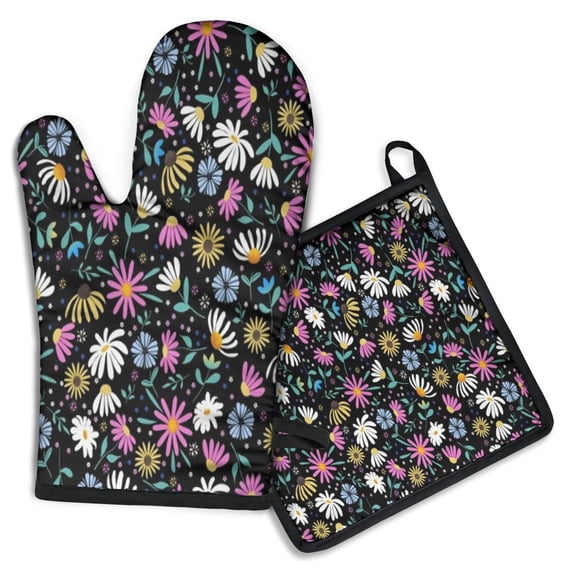 Black Daisy Flower Colorful Blooms Pattern Kitchen Oven Mitt and Pot Holder Sets 2 Pcs for Baking, Cooking and Grilling, Heat Resistant Up To 392 °F