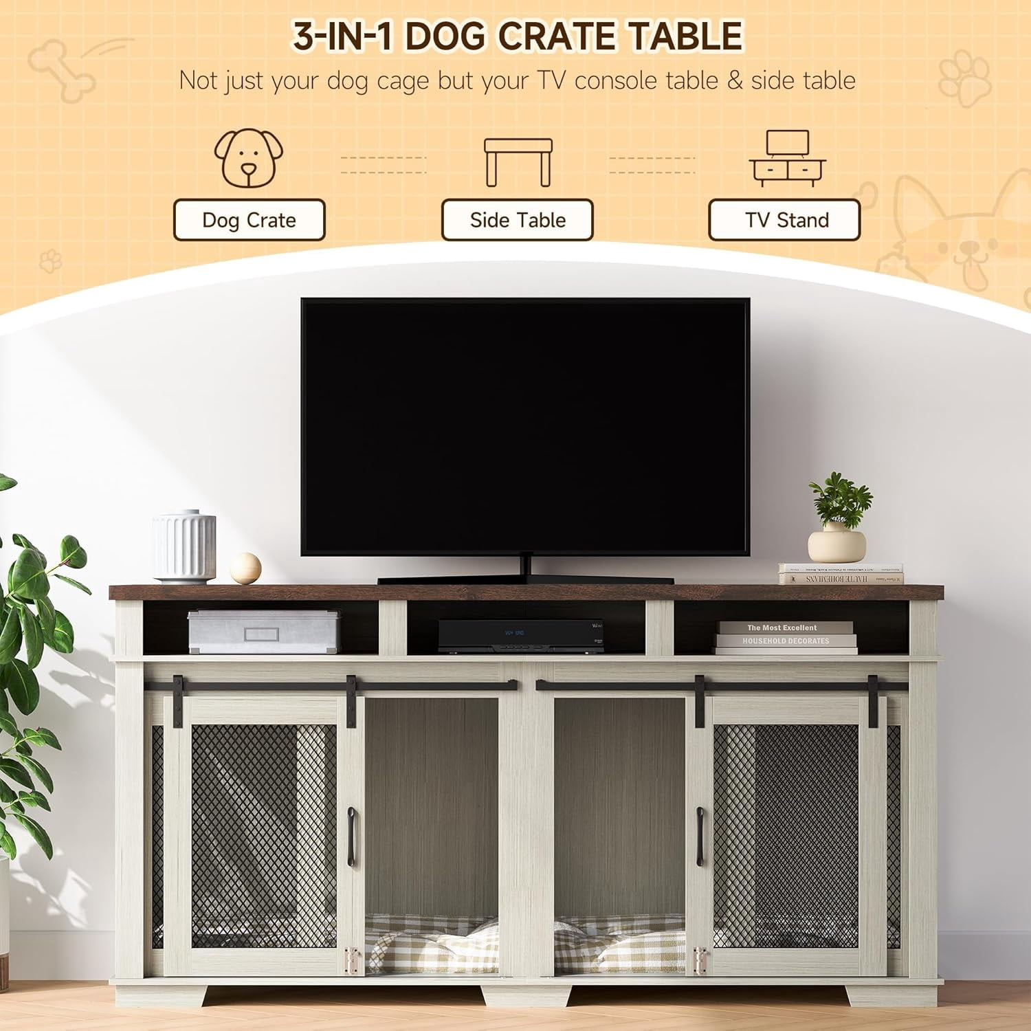 NEILA Dog Crate Furniture - Heavy Duty Dog Kennel with Removable Divider for Large Dog, Versatile Dog House with Sliding Door, Spacious Dog Cage with Storage Cubby for 2 Dogs, White/Dark Walnut