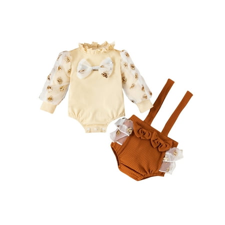 

Canrulo Princess Baby Girls Clothes 2pcs Leopard Printed Mesh Puff Sleeve Romper Tops Suspender Shorts Set Beige 0-3 Months