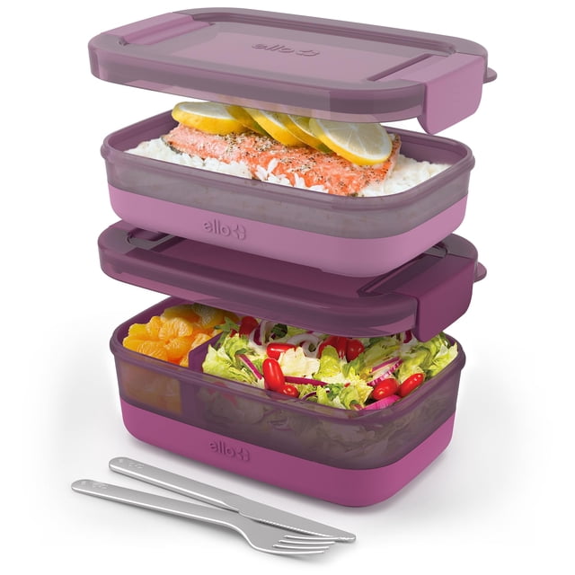 Ello - Paquete de 2 recipientes de plástico para almacenamiento de alimentos, con tapas de plástico herméticas, a prueba de fugas y base de silicona, sin BPA, congelad