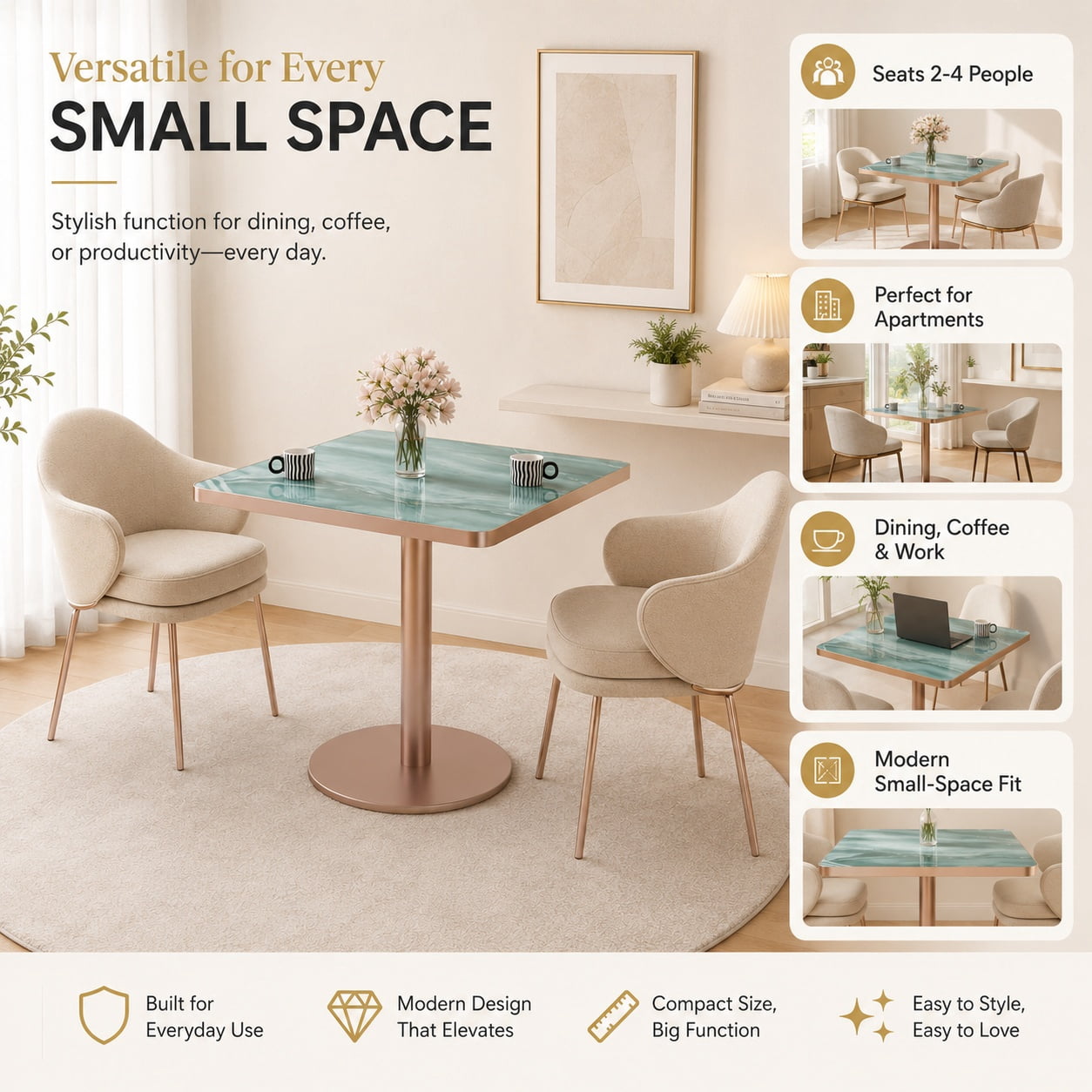 Aukfa 31.5" Square Dining Table for 2-4, Marble-Look Sintered Stone Top, Rose Gold Pedestal Base, Small Spaces,Emerald Green