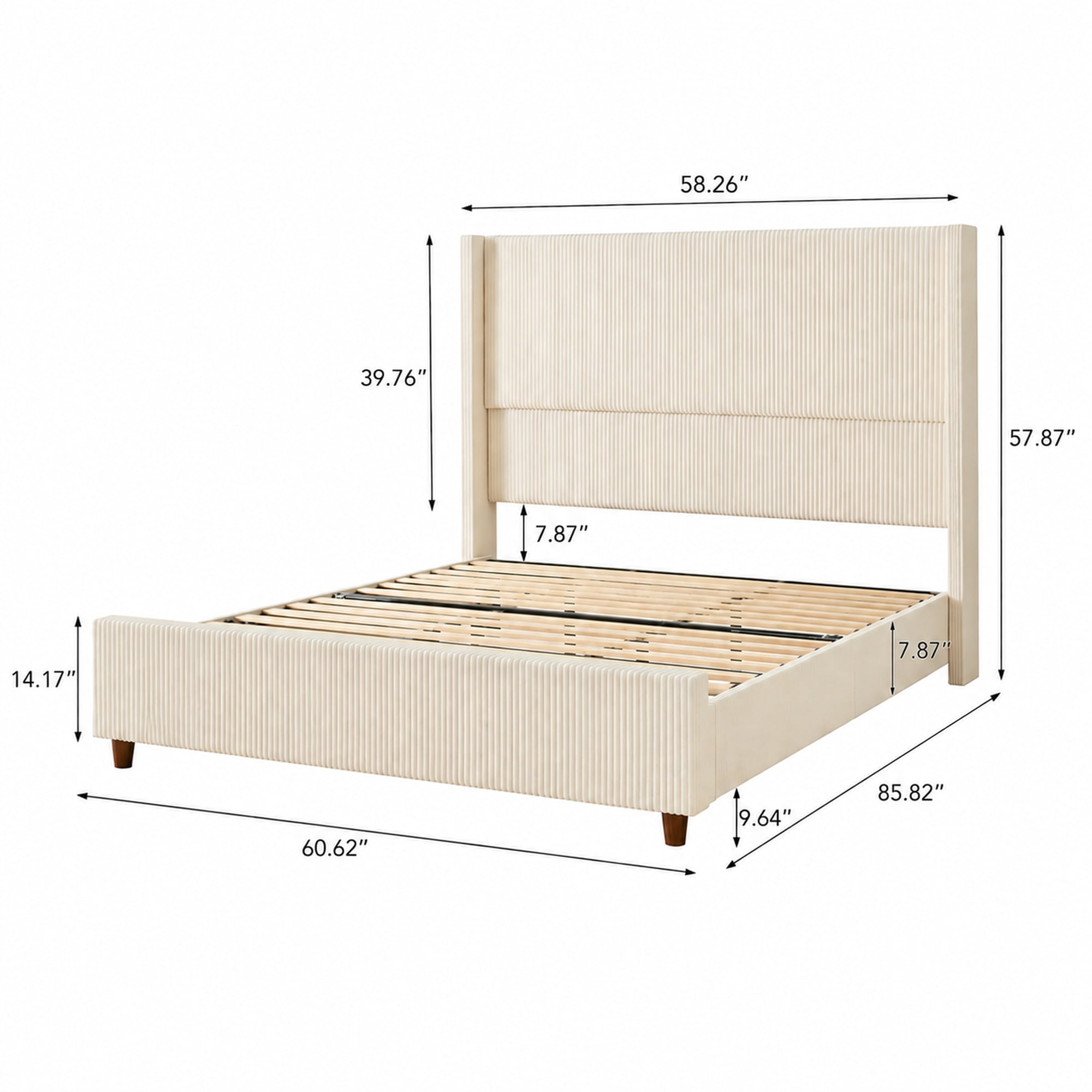 Mintazer Queen Size Upholstered Wingback Platform Bed Frame with Padded Headboard, Vertical Channel Tufted Corduroy Bed for Bedroom, No Box Spring Needed, Beige