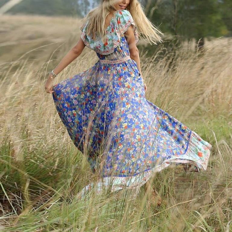 Baqcunre Homecoming Dresses 2023 Bohemian Summer Waist Dresses Women S Printed Chiffon Beach V Collar Long Women S Dress Prom Dress Corset Dress Blue Dress S Walmart