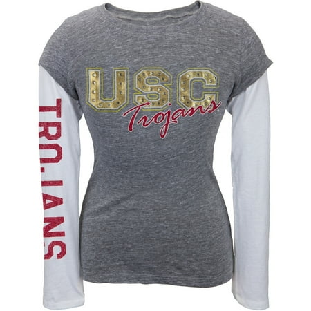Usc Trojans Mini Football - USC Trojans - Foil Team Logo Girls Youth Soft 2fer Long Sleeve T-Shirt