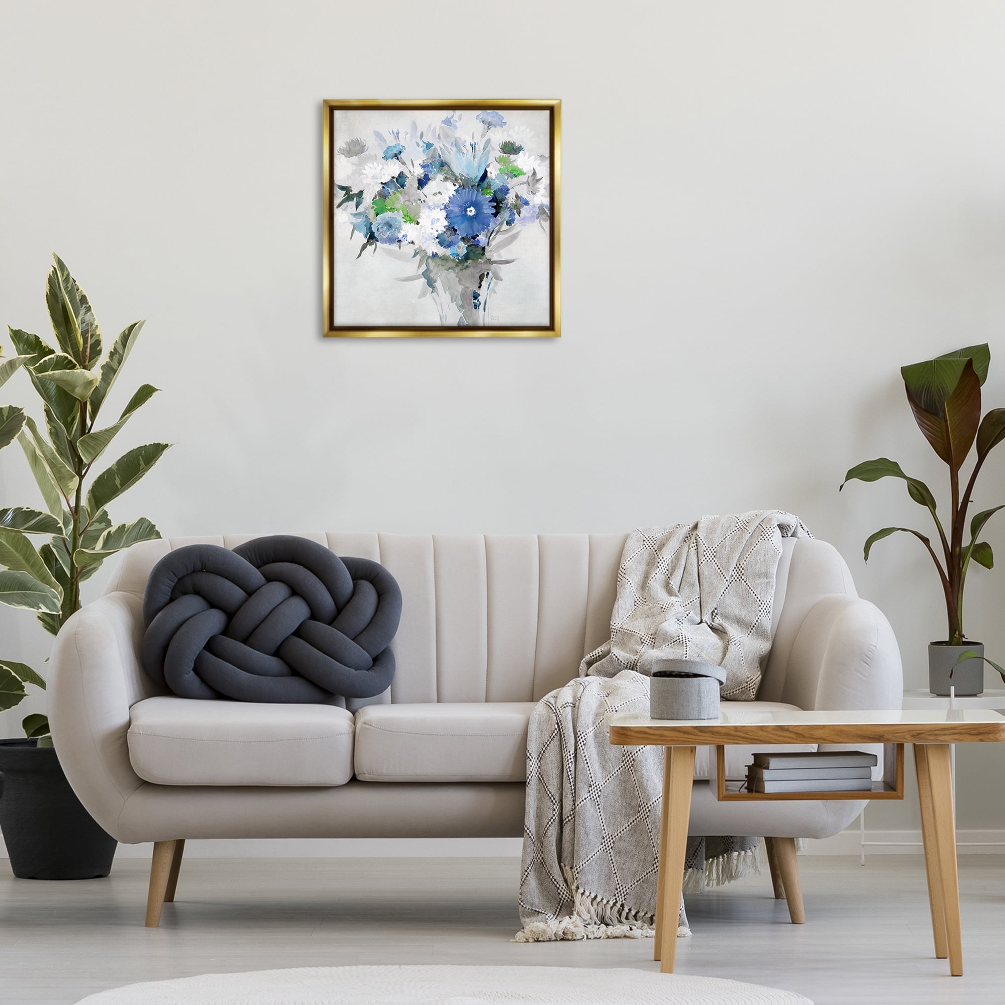 Stupell Industries Bustling Blue Bouquet Plants & Flowers Painting Gold Floater Framed Canvas Art Print Wall Art, 25 x 25